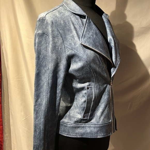 Medium blue double breasted zipper leather jacket snakeskin pattern nwt dressy - Picture 4 of 15